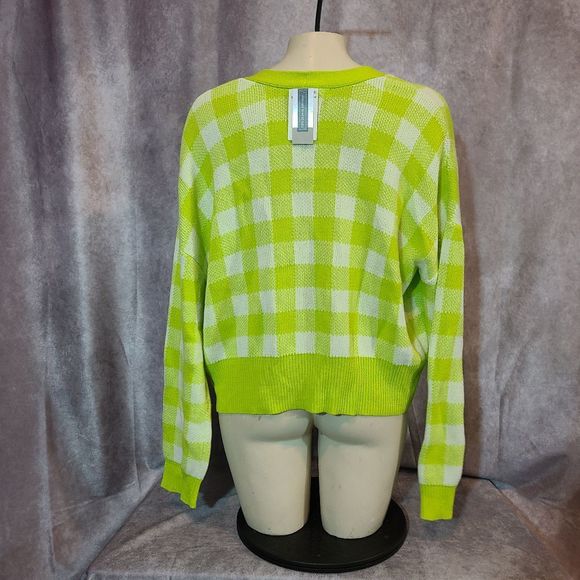 Women's Green Checkered Cardigan Sweater 100% Cotton - Picture 3 of 5